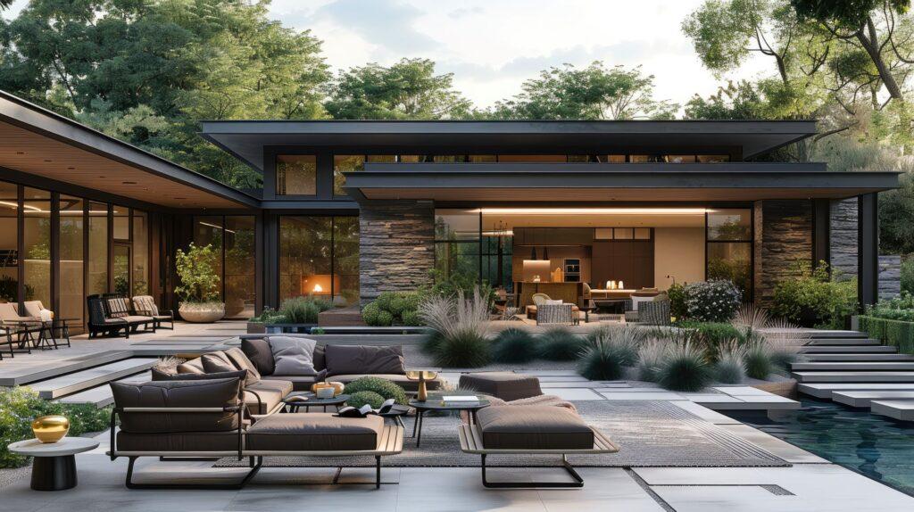 Modernes Haus mit Terrasse und Designer Gartenmöbeln
