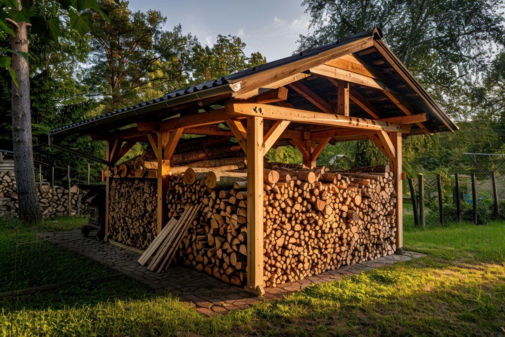 Großes, überdachtes Kaminholzregal aus Holz in einem Garten