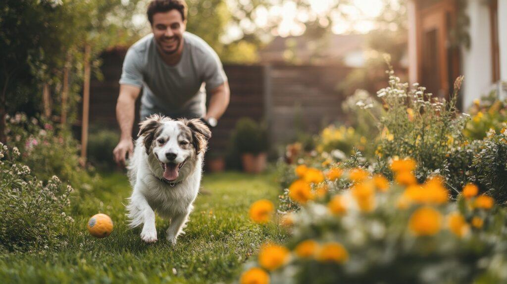 Mann spielt mit seinem Hund im Garten, während der Hund mit einem Ball über die Wiese läuft, umgeben von blühenden Blumen.