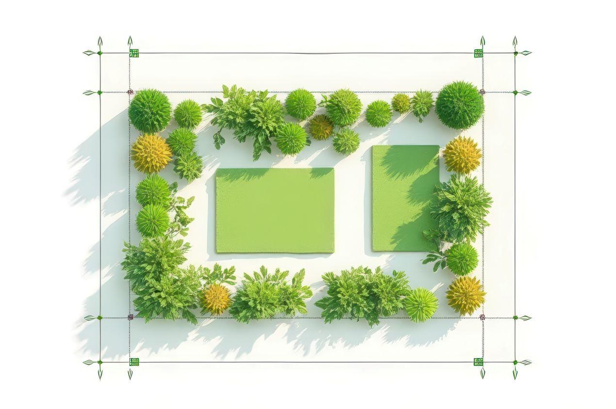 Aussenbeleuchtung im Garten gezielt planen: Draufsicht auf einen strukturierten Garten mit klar abgegrenzten Zonen und Raumaufteilung