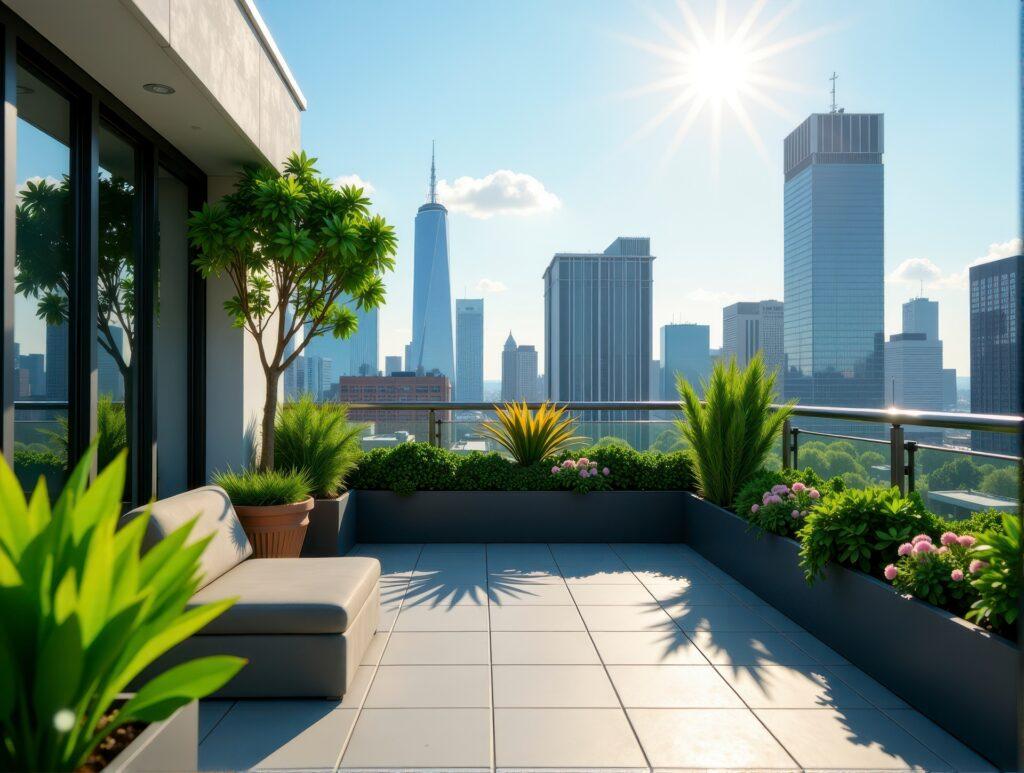 Begruente Dachterrasse mit Blick auf Skyline | Mooswand